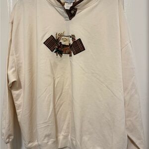 Vintage Jantzen Woman Late 80s Cream Embroidered Sweatshirt  Trim Henley Size 3x